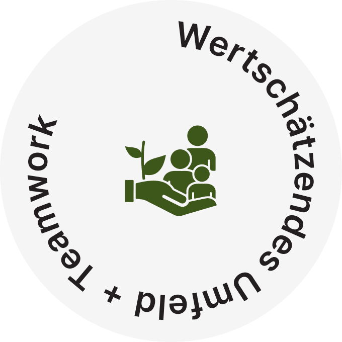 Gelbes Badge mit Handshake-Icon und dem Bildtet _Familiäres Umfeld + Teamwork_ (1)
